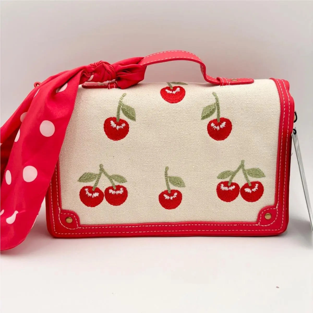 Steve Madden Bmazie Cherry Embroidered Crossbody Bag Red White Polka Dot Scarf