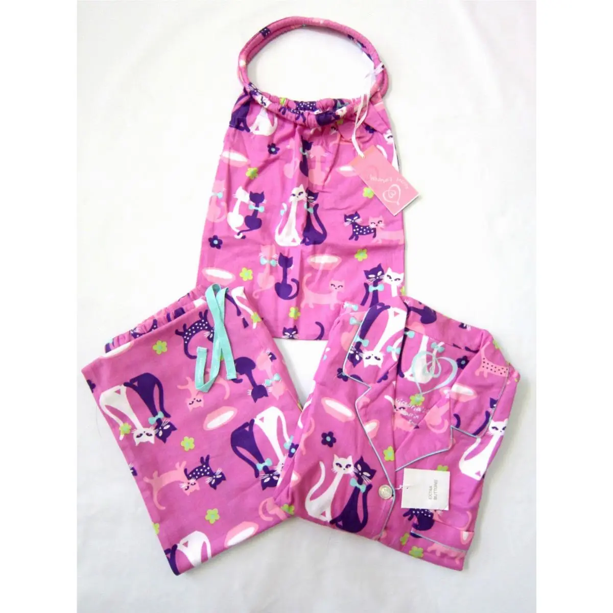 Y2K Victoria Secret Cotton Flannel Polka Dot Cat Pajamas Shirt Pant + Bag Set S by Victoria's Secret