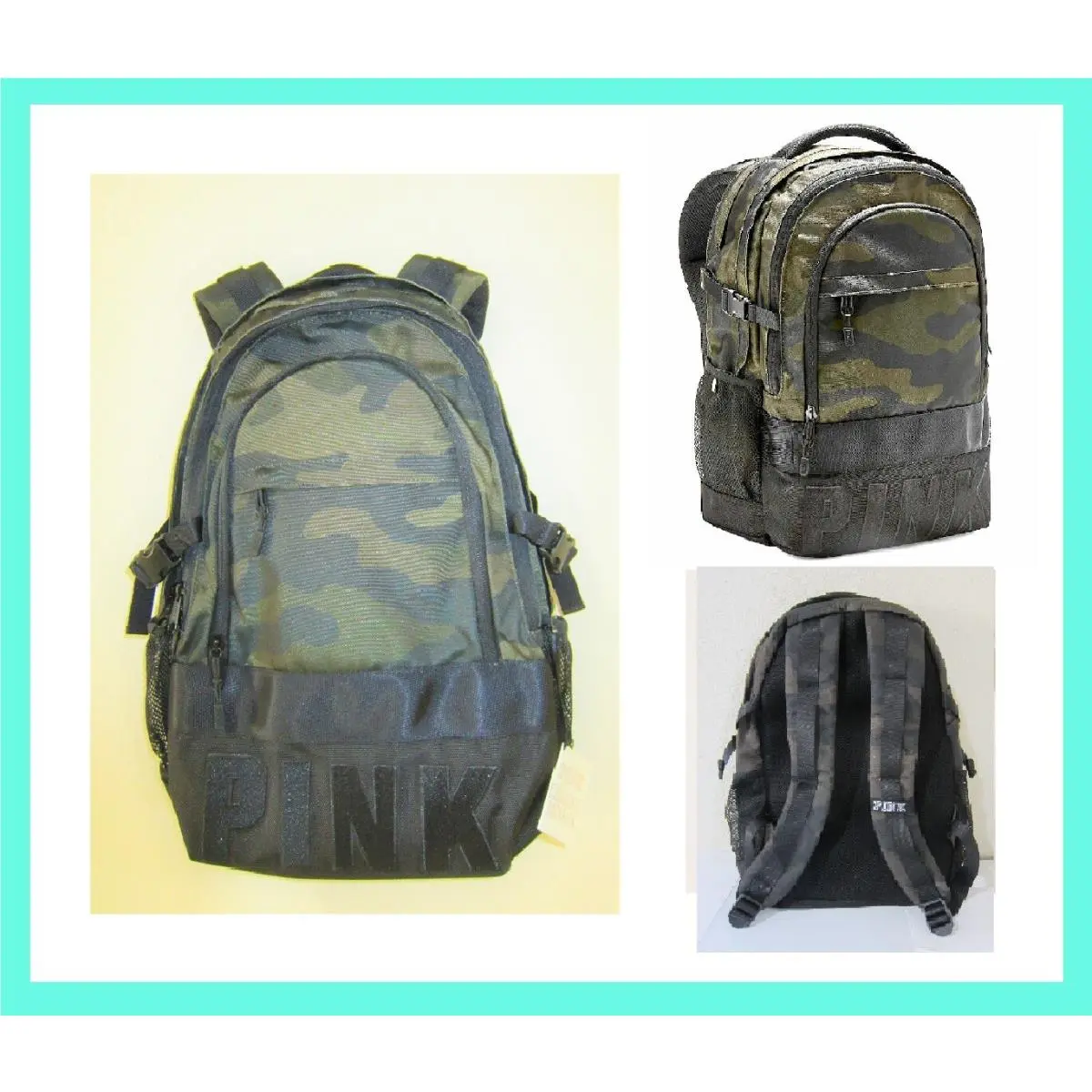 Victoria Secret Pink Camouflage Camo Army Green Backpack Carry ON Book Bag Large
