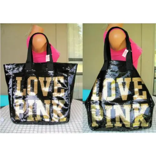 Large Y2K Bling Victoria Secret Pink Gold Sequin Logo Carry ON All Weekender Bag