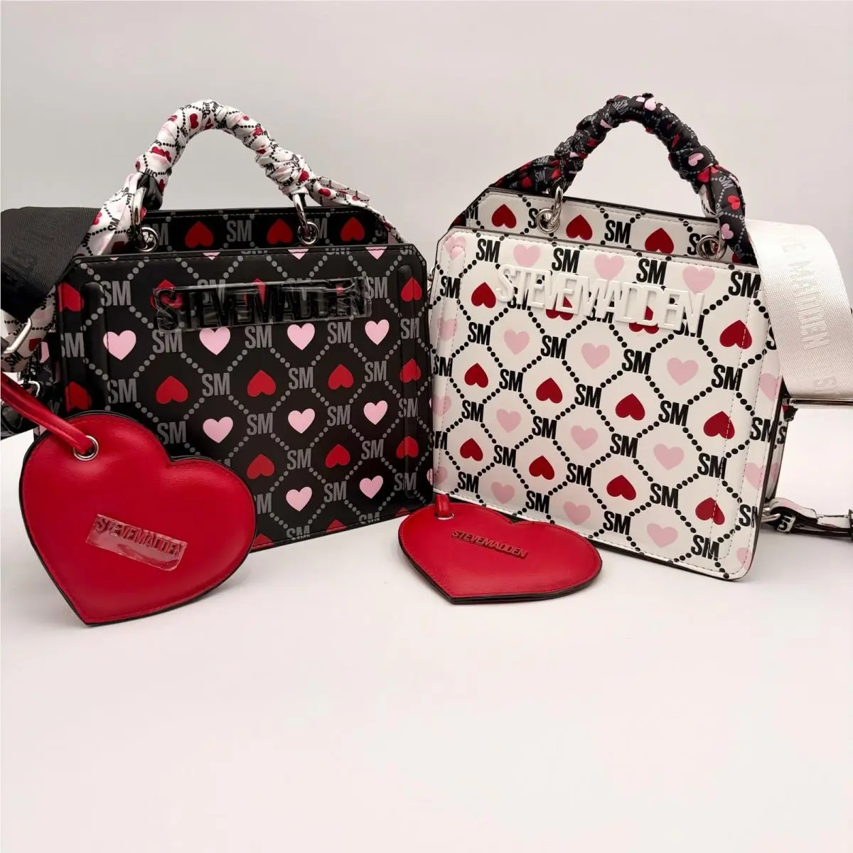Set of 2 Steve Madden Bevelyn Valentines Heart Satchel Bags Purse Charm Blk Wht