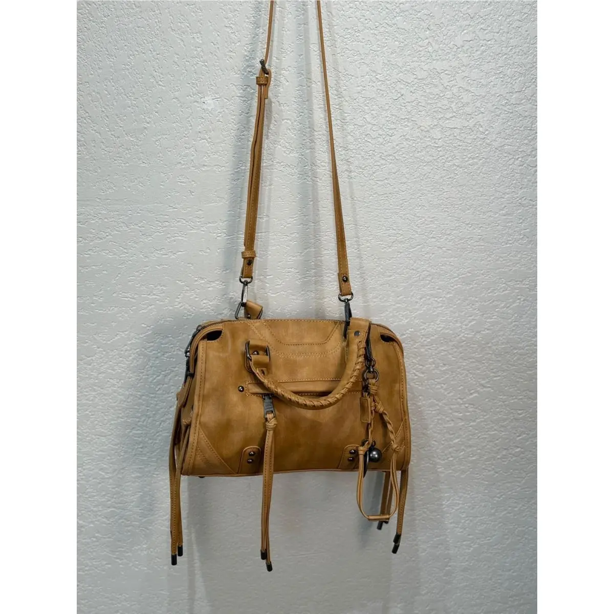 Steve Madden Tan Leather Moto Satchel Crossbody Bag Braided Handles