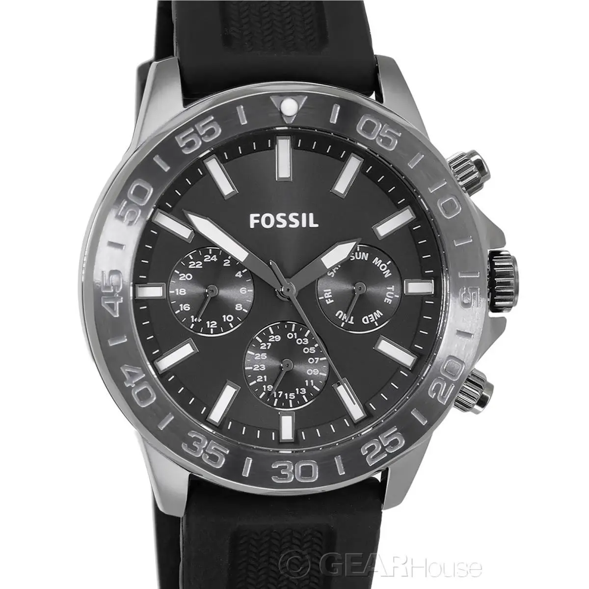 Fossil Bannon Mens Dark Gray Multifunction Watch Day Date Black Silicone Band