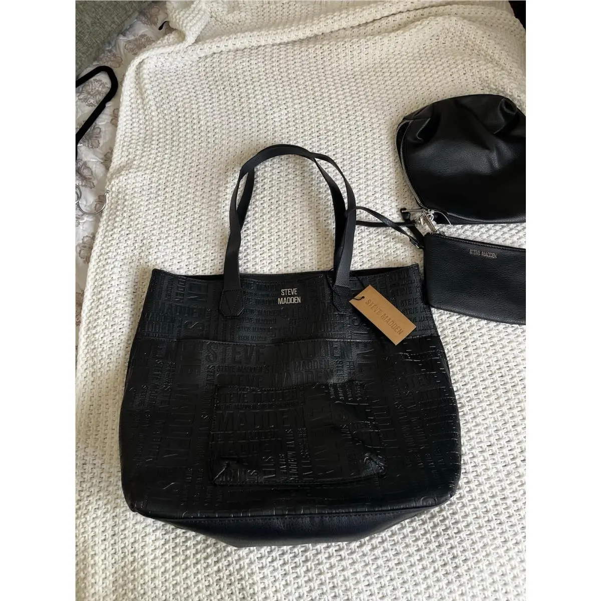 3 Piece Black Embossed Tote Makeup Bag Coin Purse Travel Vacay by Steve Madden