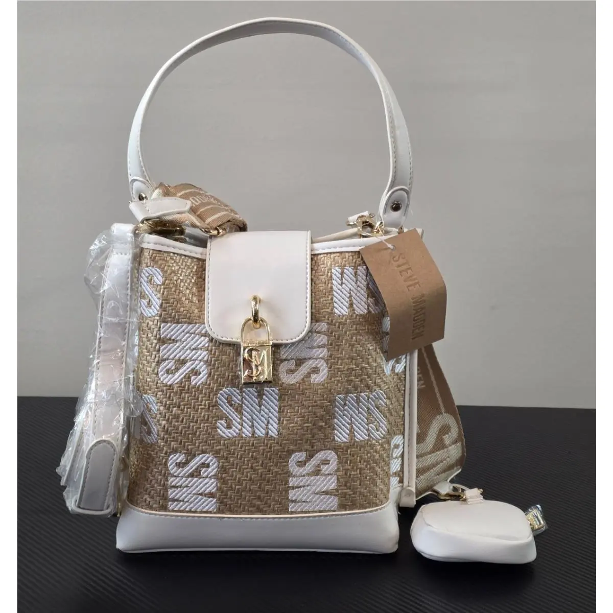 Steve Madden White Straw Bdavide Bucket Crossbody Bag Read