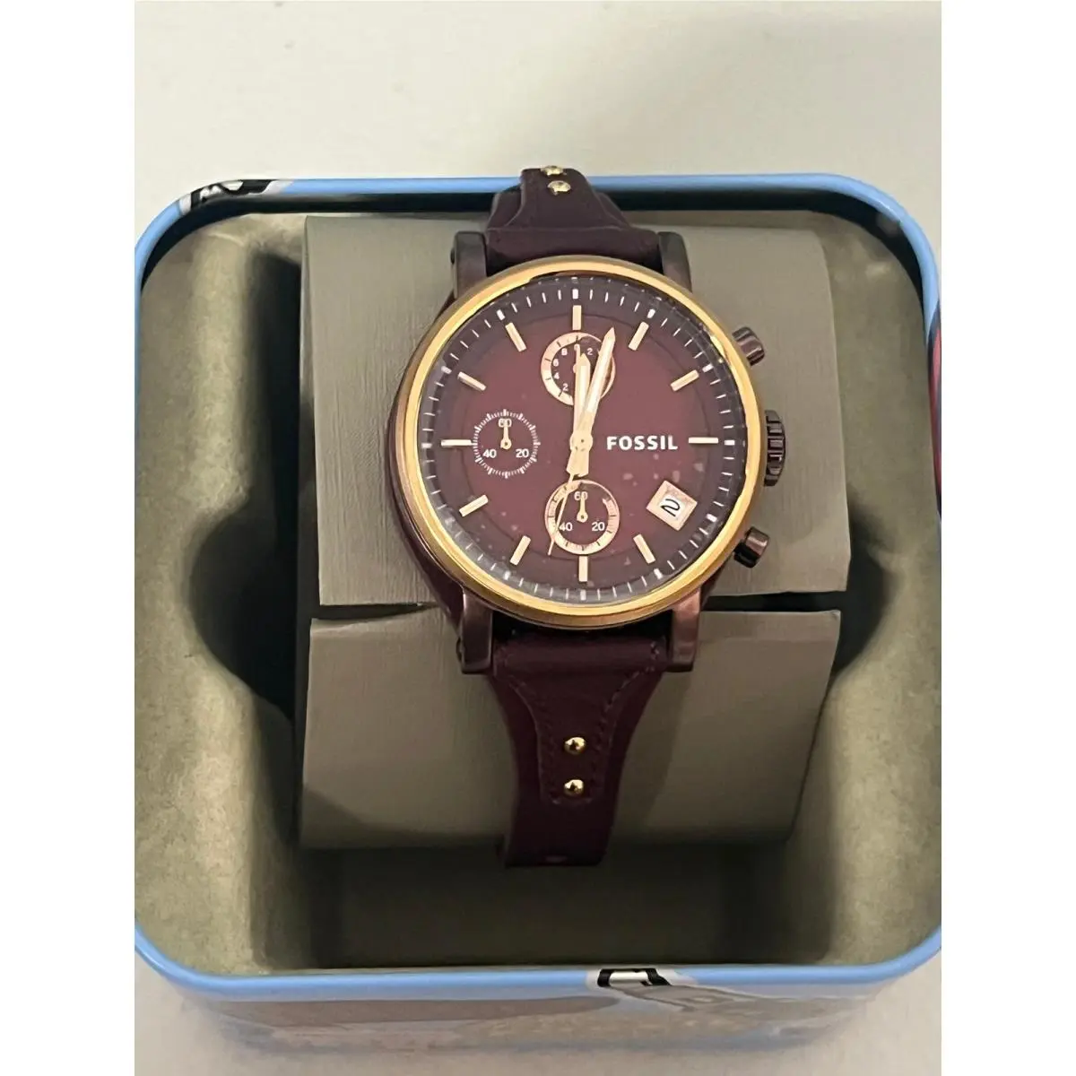 Fossil ES4114 Boyfriend Burgundy Leather Chronograph Ladies Watch Rose Gold Case
