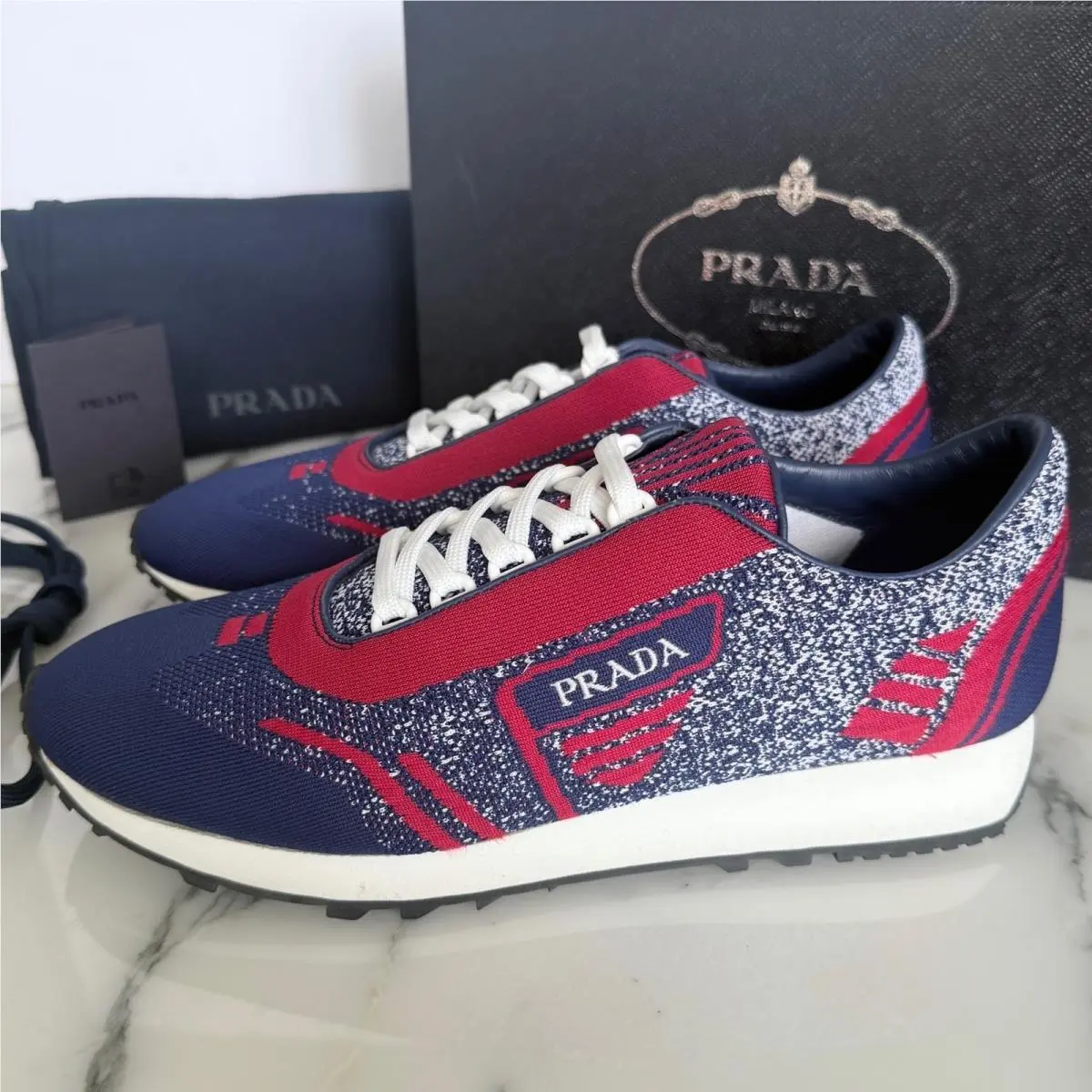 Prada Knit Sneakers Mens Indaco Scarlatto Blue Red 2EG272 Runner Shoes US 8