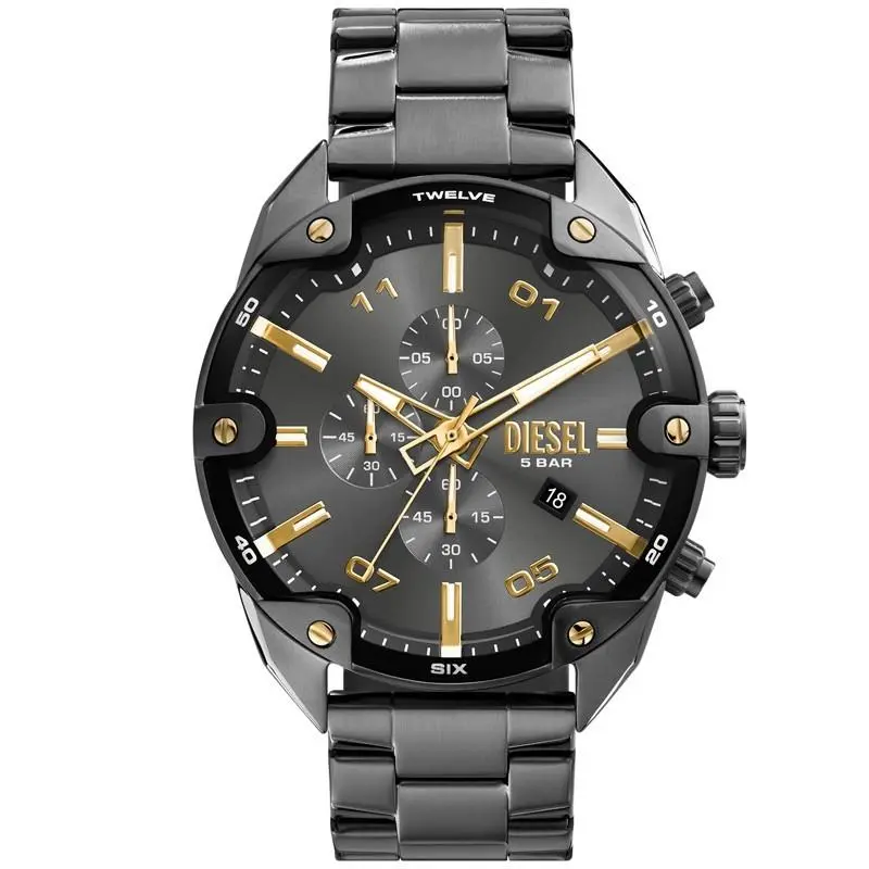 Diesel Spiked 49mm Quartz Gray Dial Stainless Steel Men`s Watch DZ4669 - Dial: Gray, Band: Gunmetal, Bezel: Gunmetal
