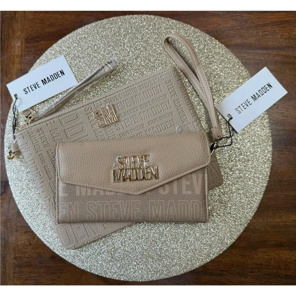 Steve Madden Logo Handle Wallet 8 x 4” and Wristlet 9.5 x 7 Sand