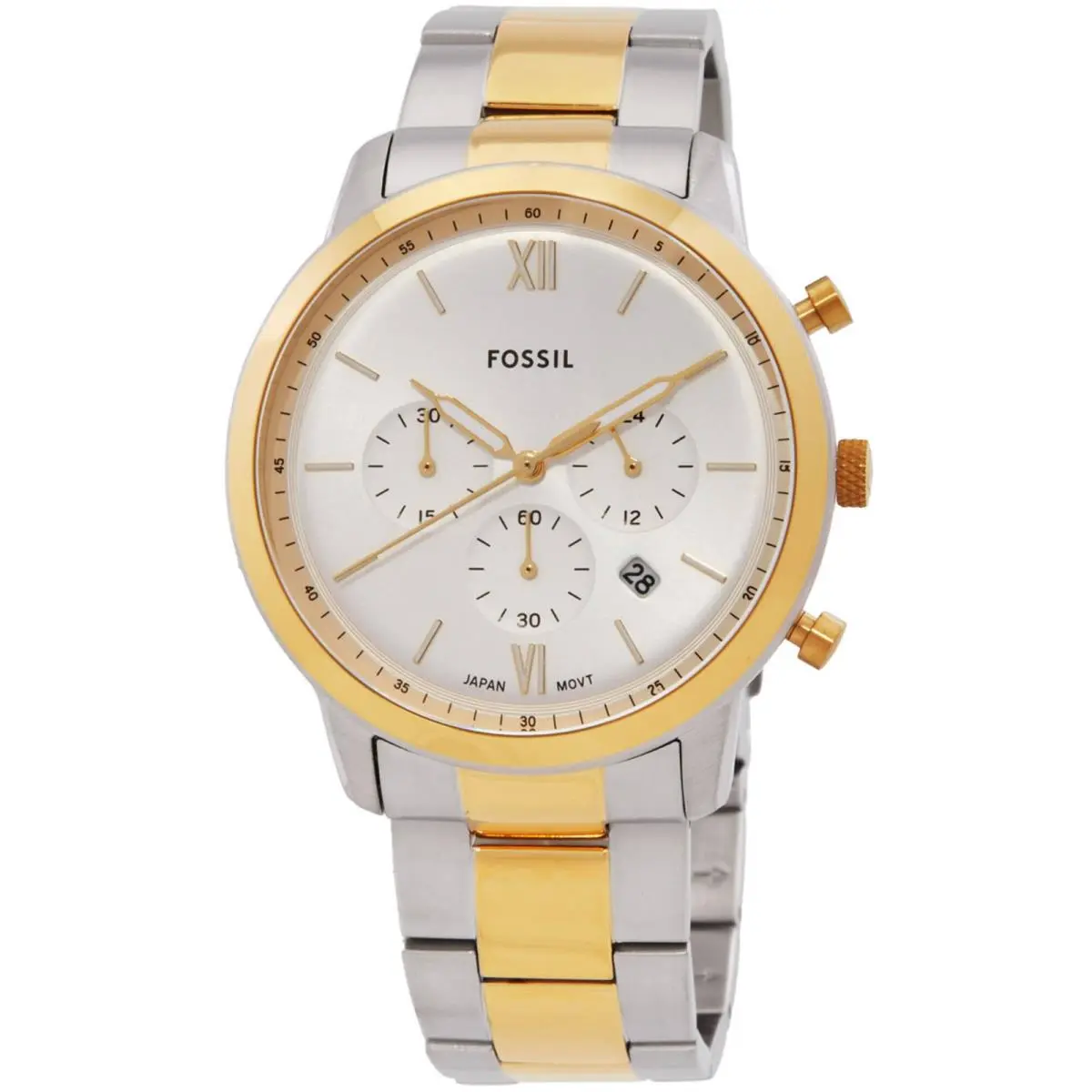 Fossil Men`s Watch Neutra Quartz Chrono Silver Dial Two Tone Bracelet FS6112 - Dial: Silver, Band: Silver, Yellow