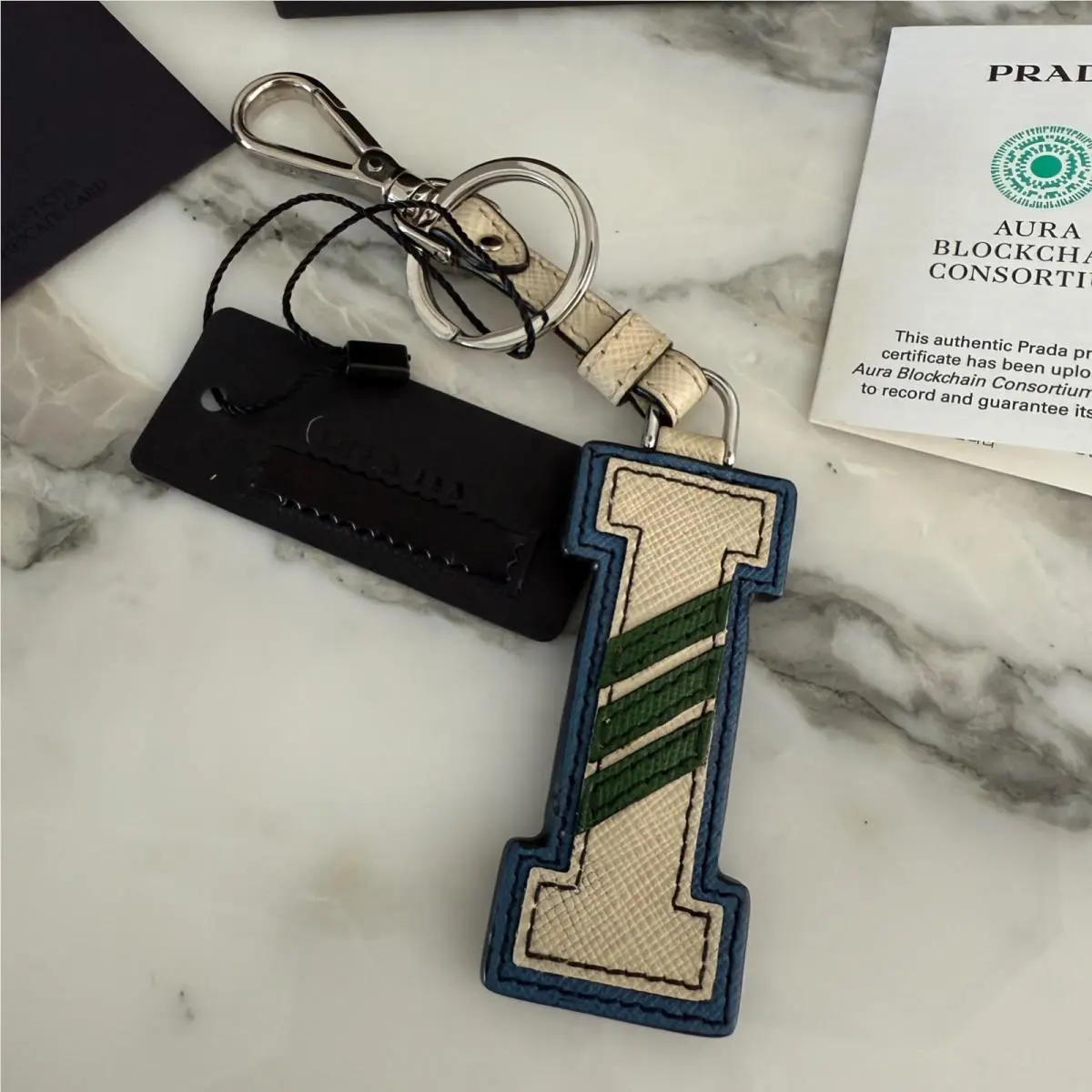 Prada Keychain Letter I Leather White Blue Keyring