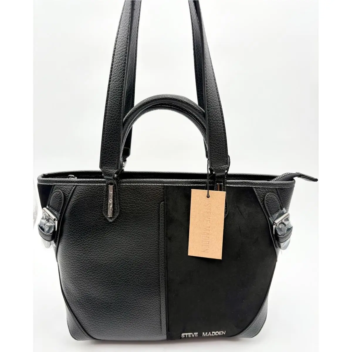Steve Madden Black Half Suede Bleticia Tote Bag Satchel Purse