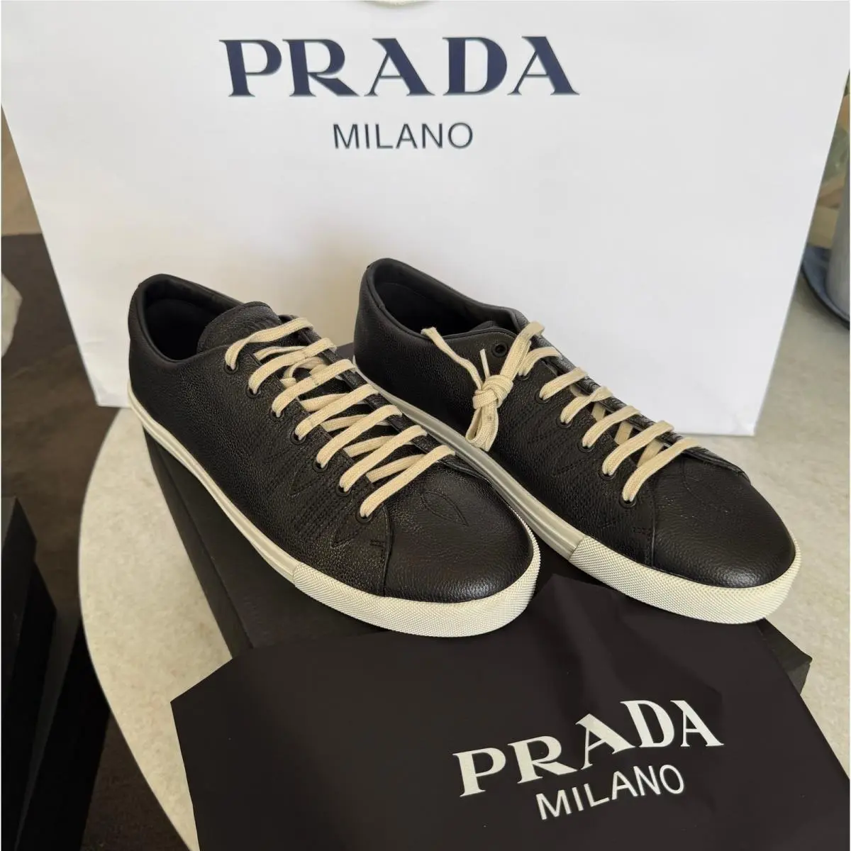 Prada 2EE448 Age Effect Men`s Black Nappa Leather Sneakers Shoes Size UK 8