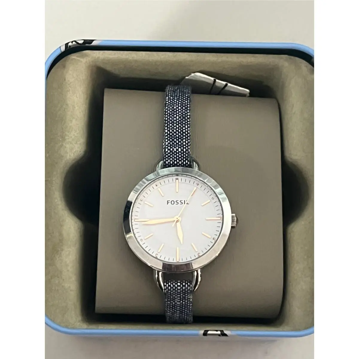 Fossil BQ3357 Rye Women 36mm Silver Steel White Dial Denim Strap Quartz Watch