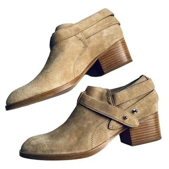 Rag Bone Harley Suede Ankle Booties Dune Tan Wrap Strap Block Heel 37 US 7