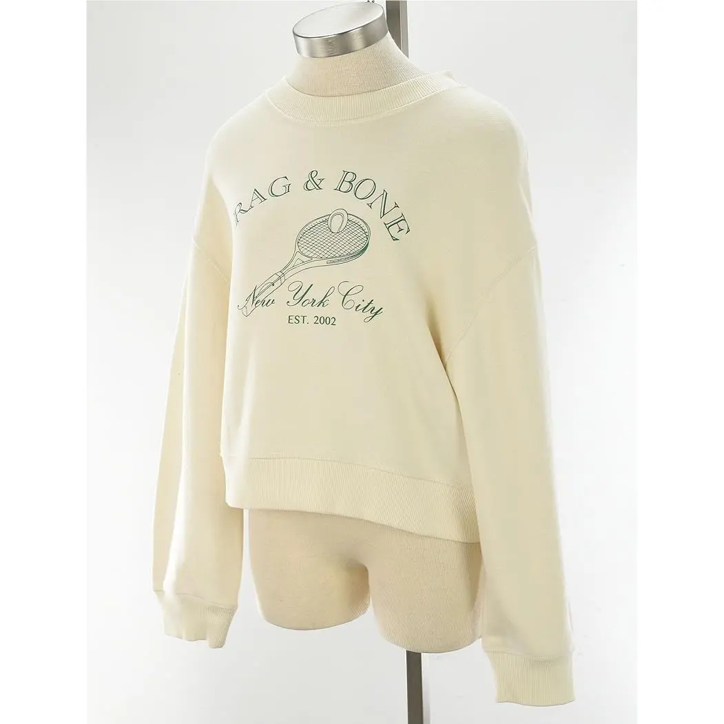 Rag Bone Ivory Raquet Graphic Cropped Terry Cotton Blend Sweatshirt Medium