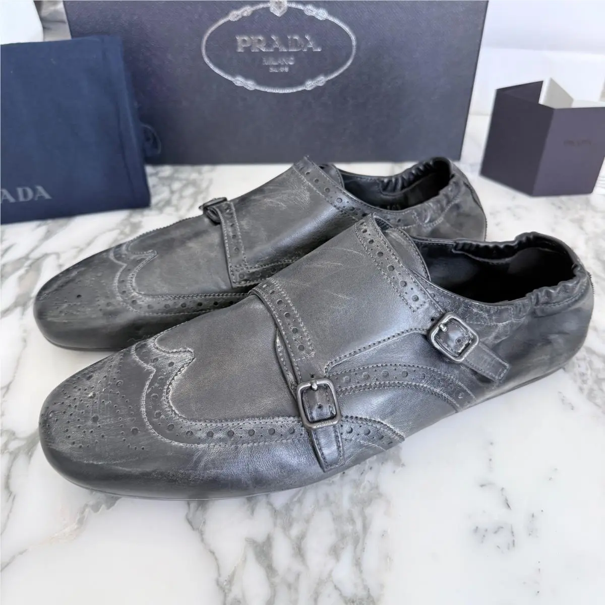 Prada 2EG469 Mens Leather Double Monk Strap Wingtip Shoes Grey Black UK 10.5