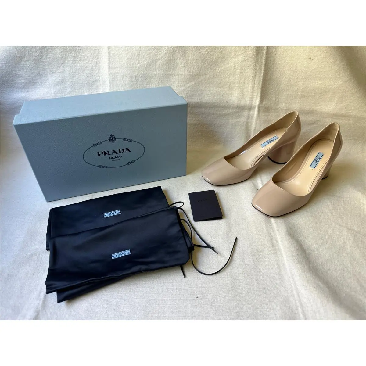 Prada Shoes Cipria Beige Patent Leather Block Heels Womens 39.5 US 9