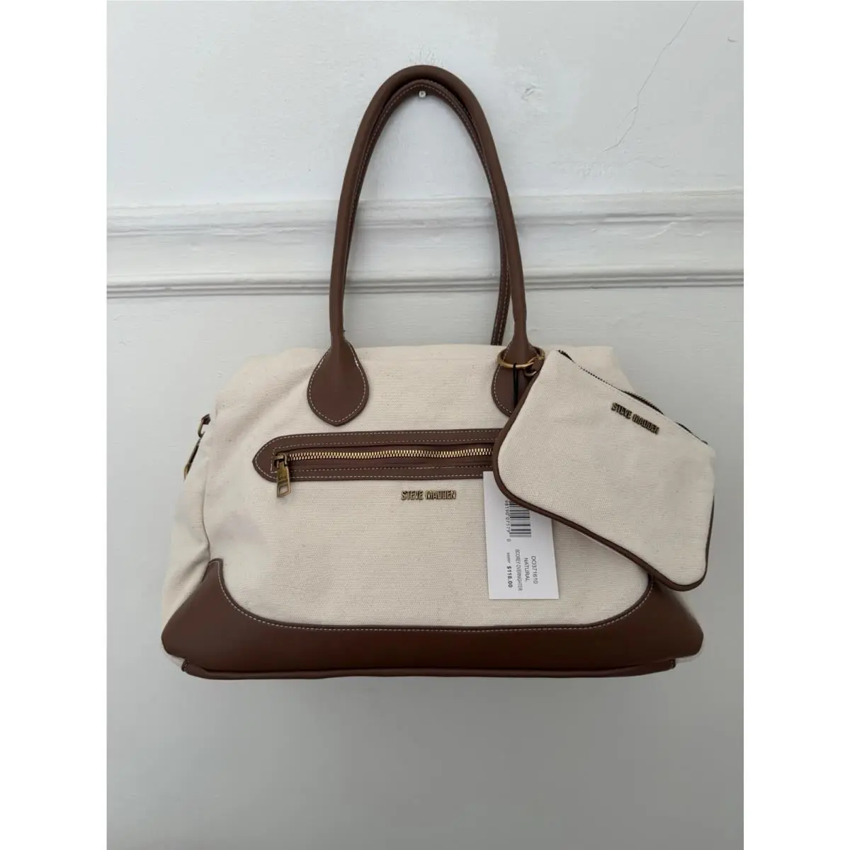 Steve Madden Canvas Satchel Handbag Natural Walnut Brown