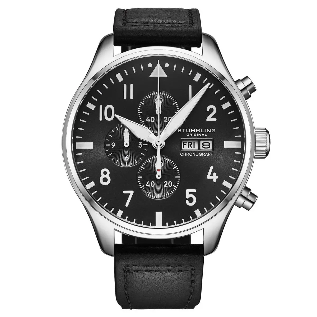 Stuhrling Navigator Chrono Jet Black Sunray Dial/black Leather Strap | Blac Navigator Chrono Jet Black Sunray Dial/black Leather Strap Black Dial Wristwat