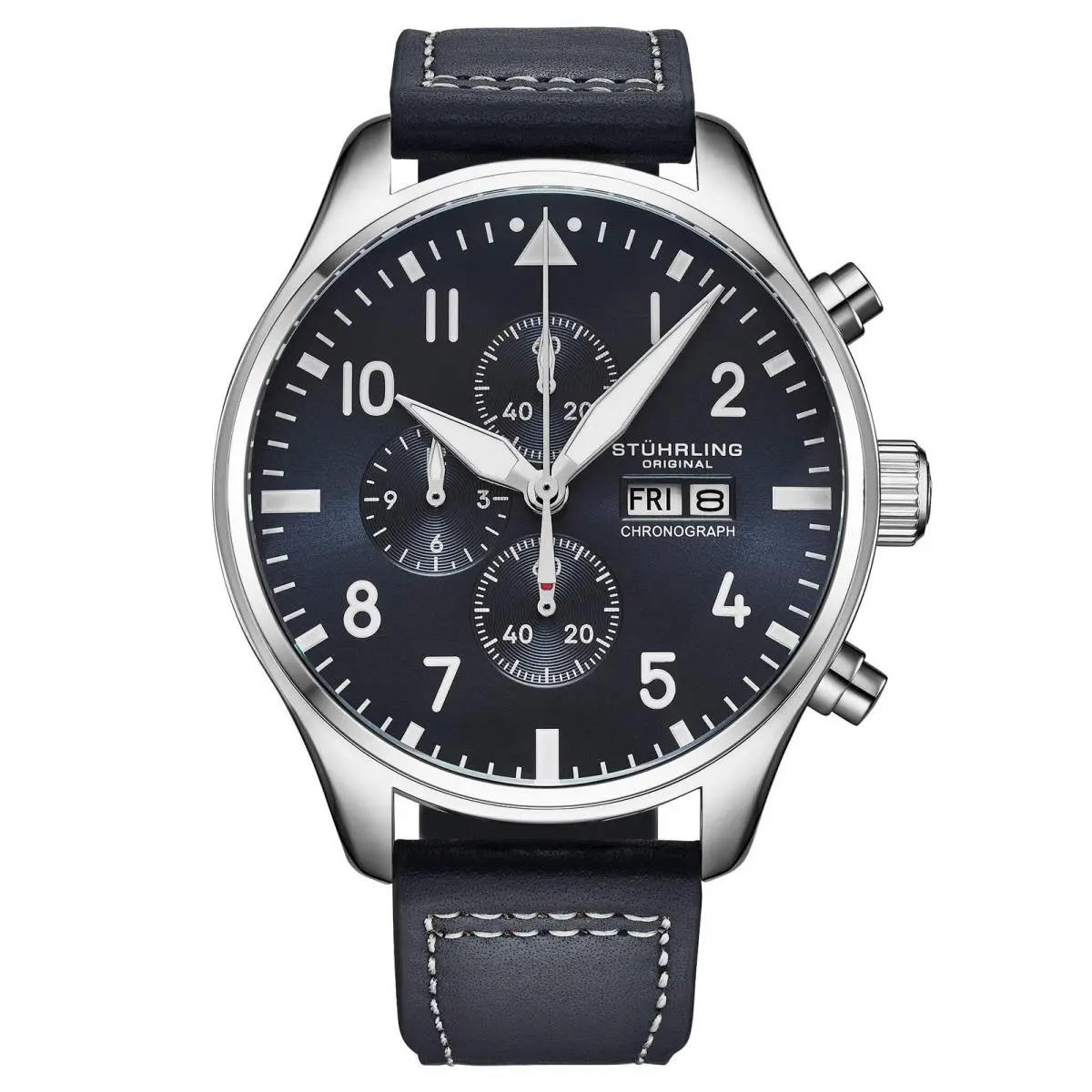Stuhrling Navigator Chrono Navy Blue Sunray Dial/blue Leather Strap | Blue Navigator Chrono Navy Blue Sunray Dial/blue Leather Strap Blue Dial Wristwatch