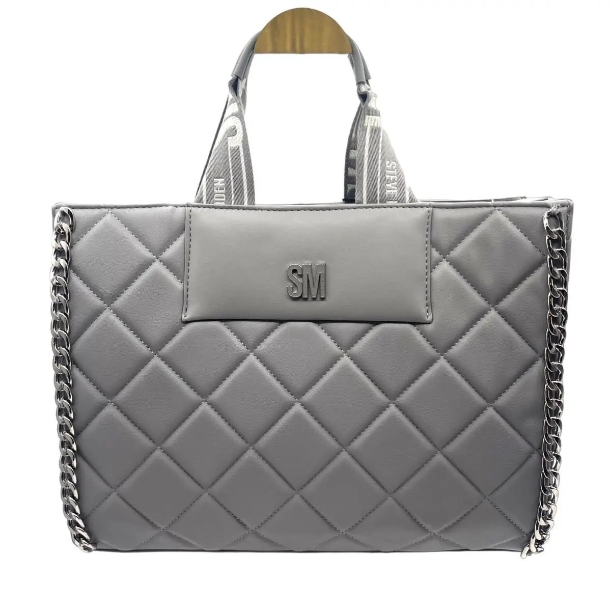 Steve Madden Gray Leather Quilted Large Shoulder Bag Silver Chain Trim