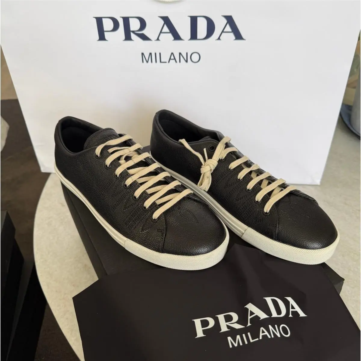 Prada 2EE448 Age Effect Men`s Black Nappa Leather Sneakers Shoes Size 9