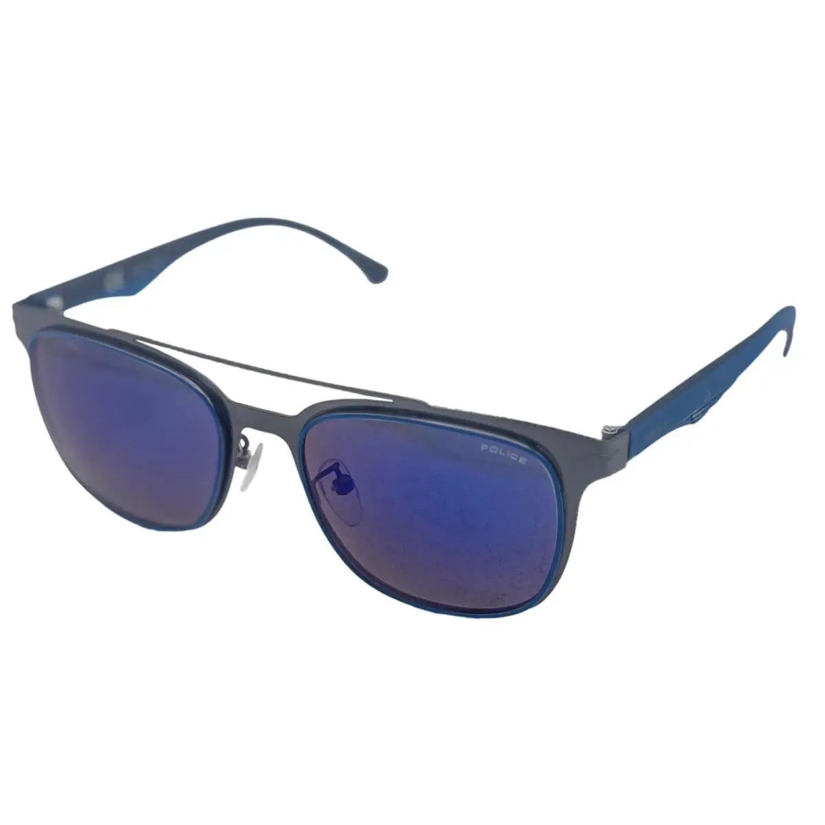 Police Mens Blue Square Metal Sunglass Blue Mirror Polarized Lens SPL356. K53B