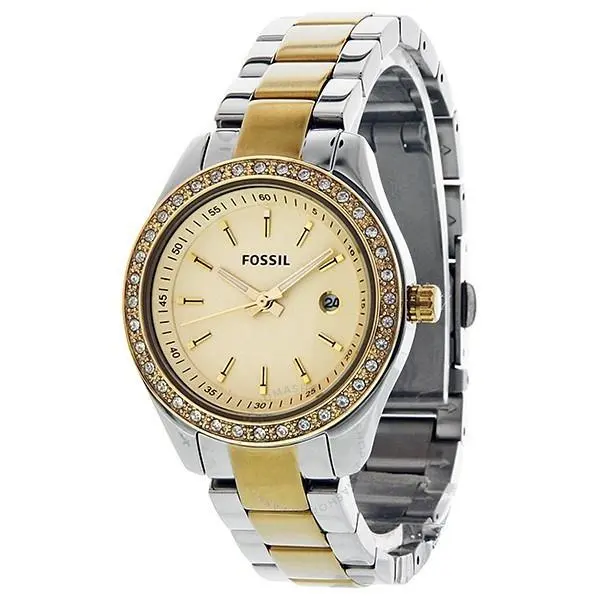 Fossil ES3106 Stella Date Display Quartz Gold Dial - Dial: Gold, Band: Gold and Silver, Bezel: White, Silver