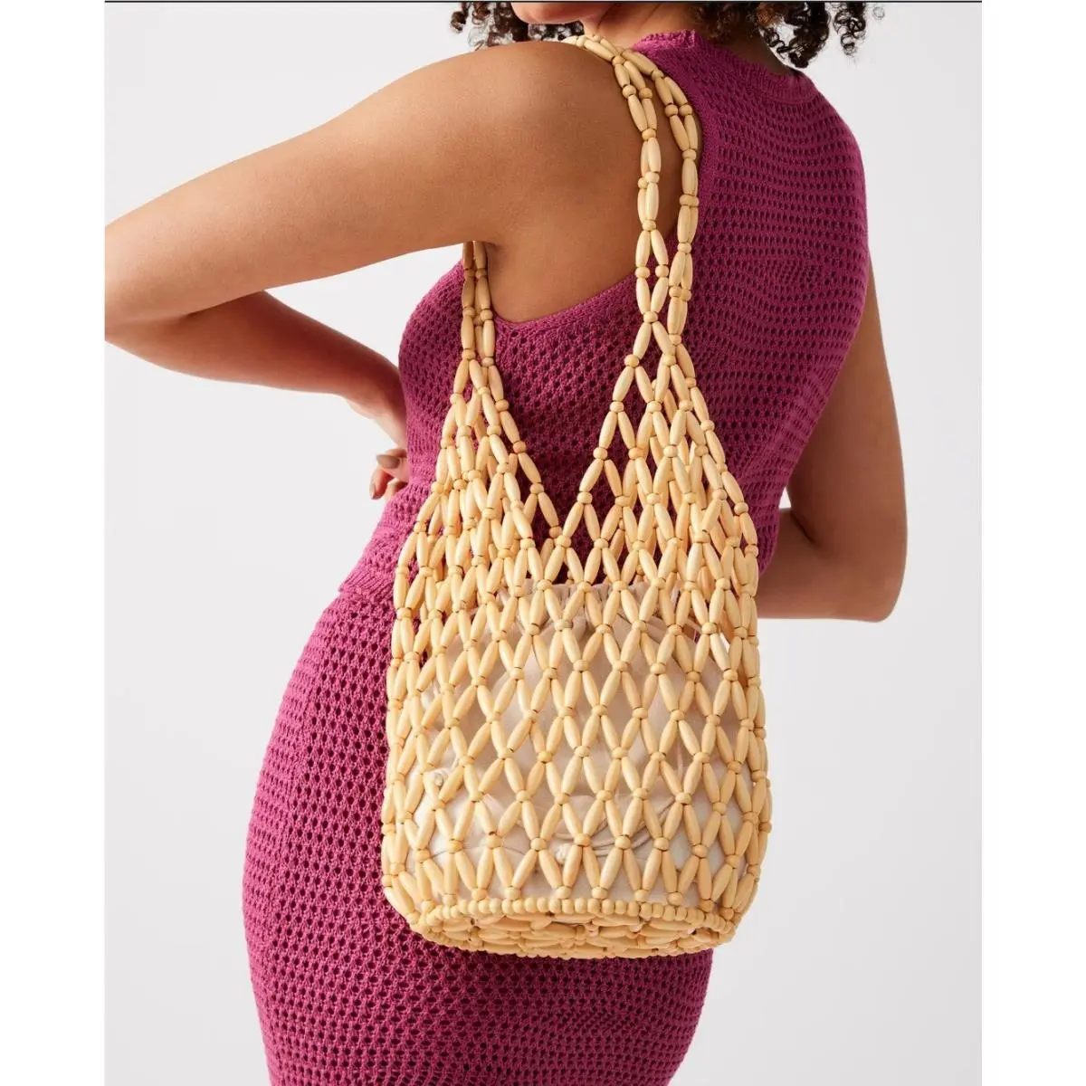 Steve Madden Fiji Tote Bag Purse Natural Beaded with Cloth Liner Beach