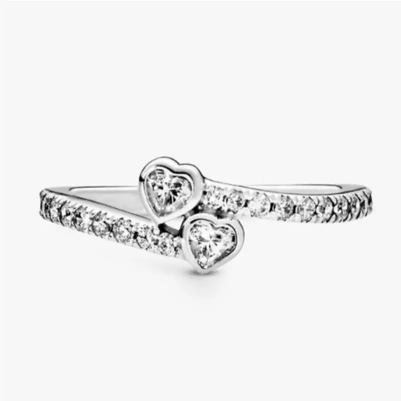 Pandora Two Sparkling Hearts Ring Sterling Silver CZ Promise Ring Size 4.5