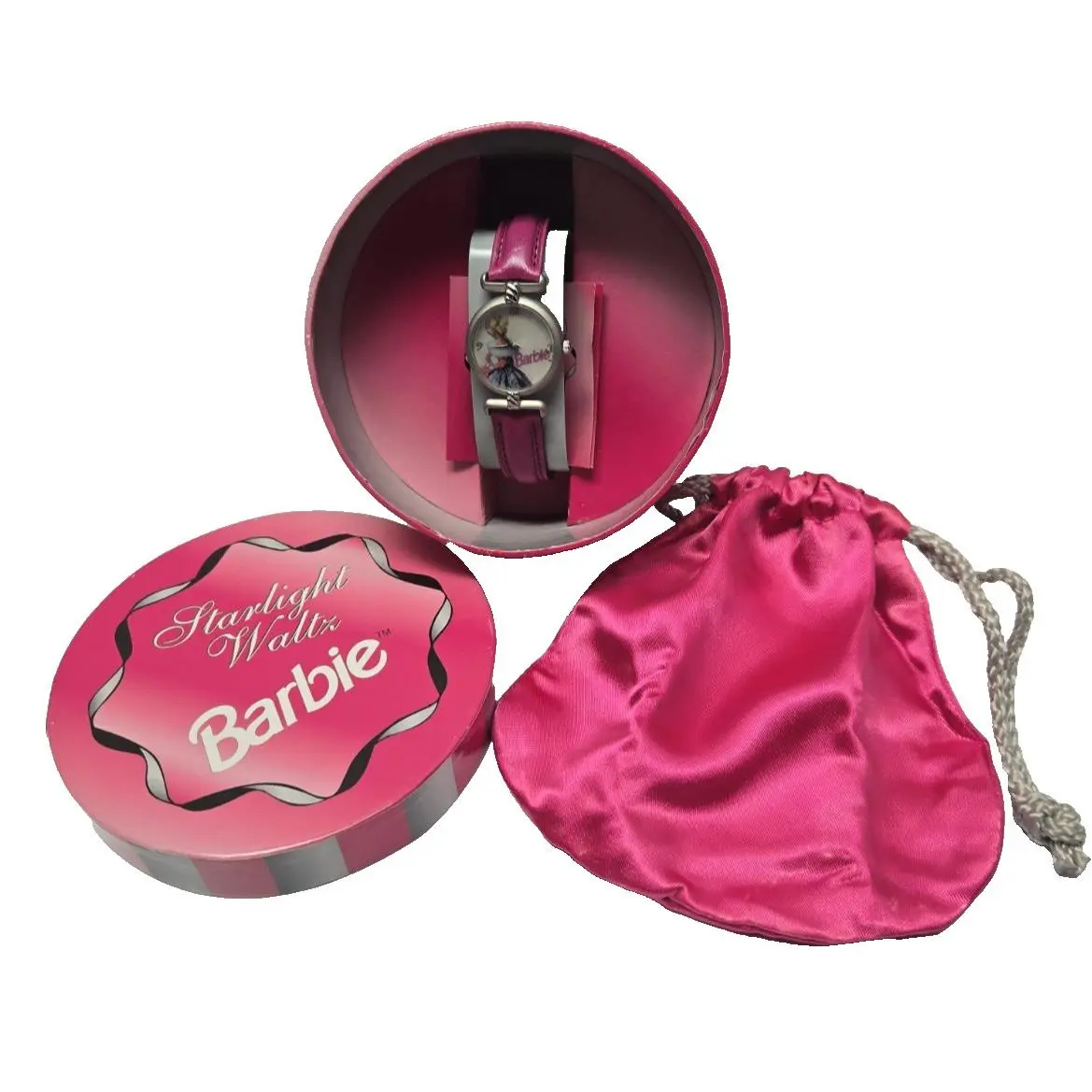 Fossil Vtg 1995 Relic Barbie Watch Starlight Waltz Pink Leather Nos Film On Back