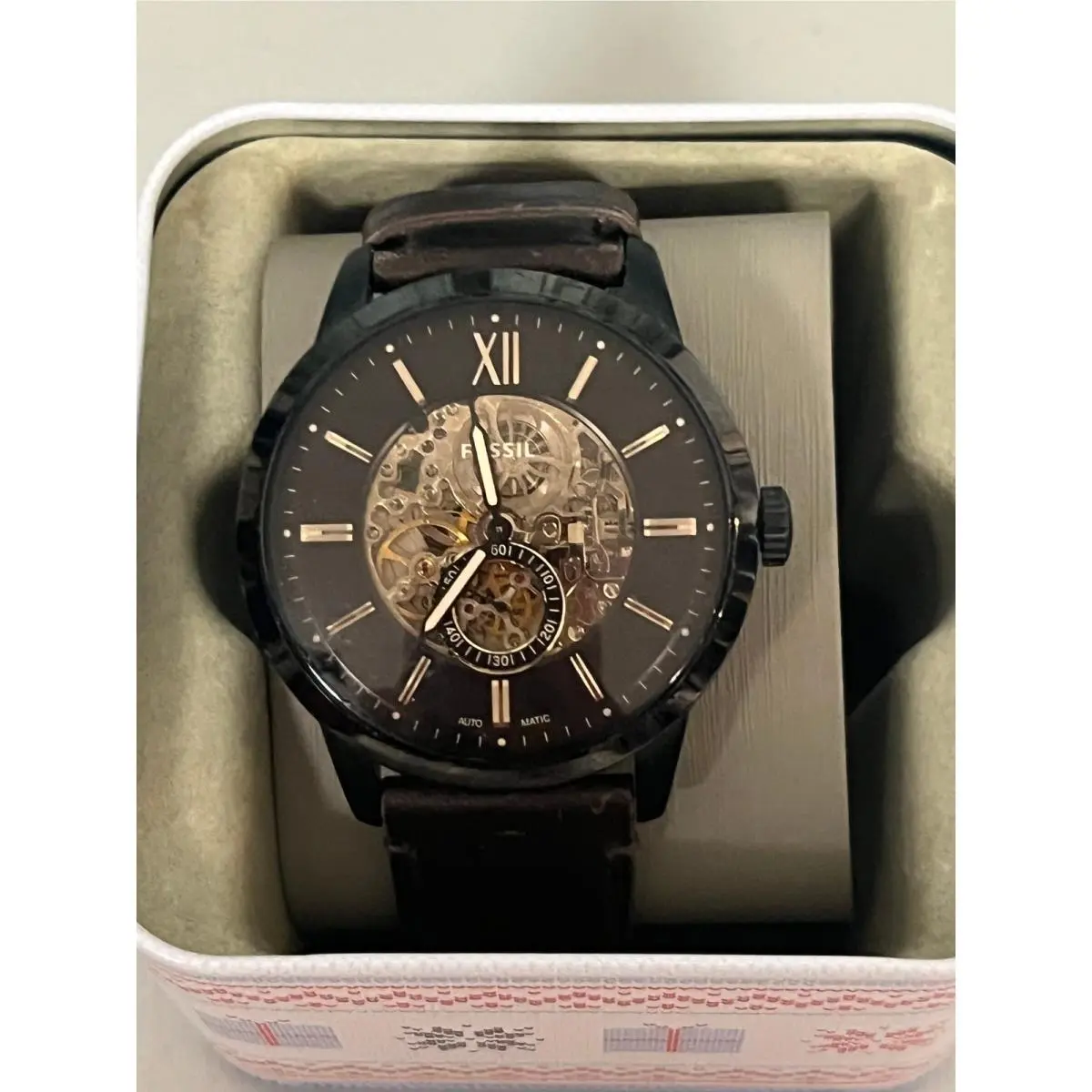 Fossil Men`s Townsman Automatic Skeleton Dial Black Steel Watch ME3155