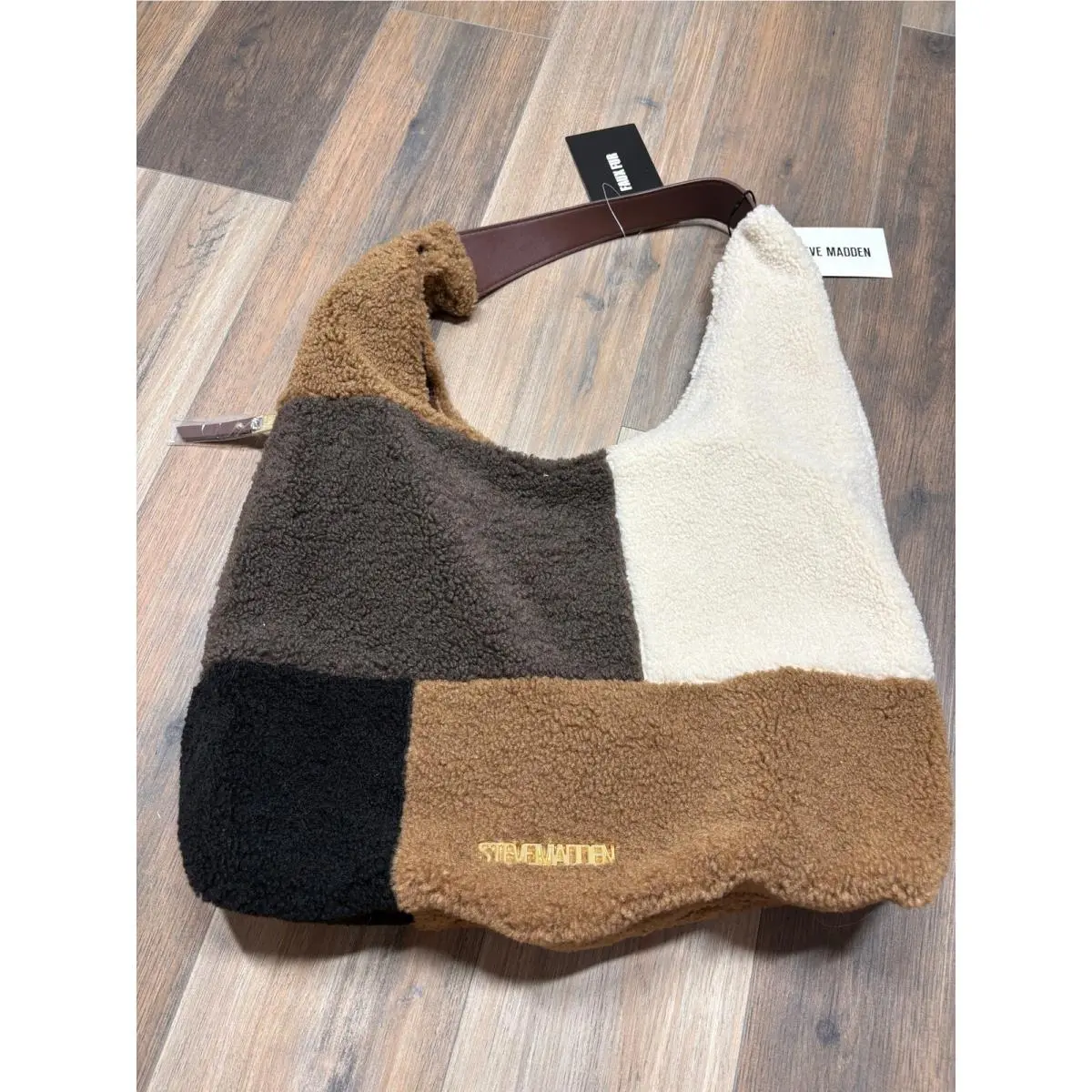 Steve Madden Cognac Multi Btully Hobo Bag Brown Black White Colorblock Fur