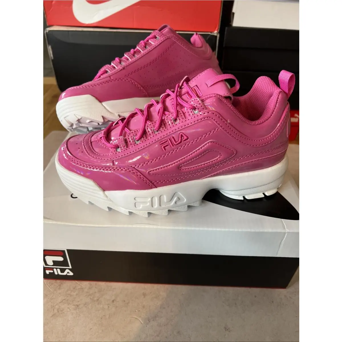 Size 6.5- Fila Women’s Disruptor II Premium Iri Pink Shimmer