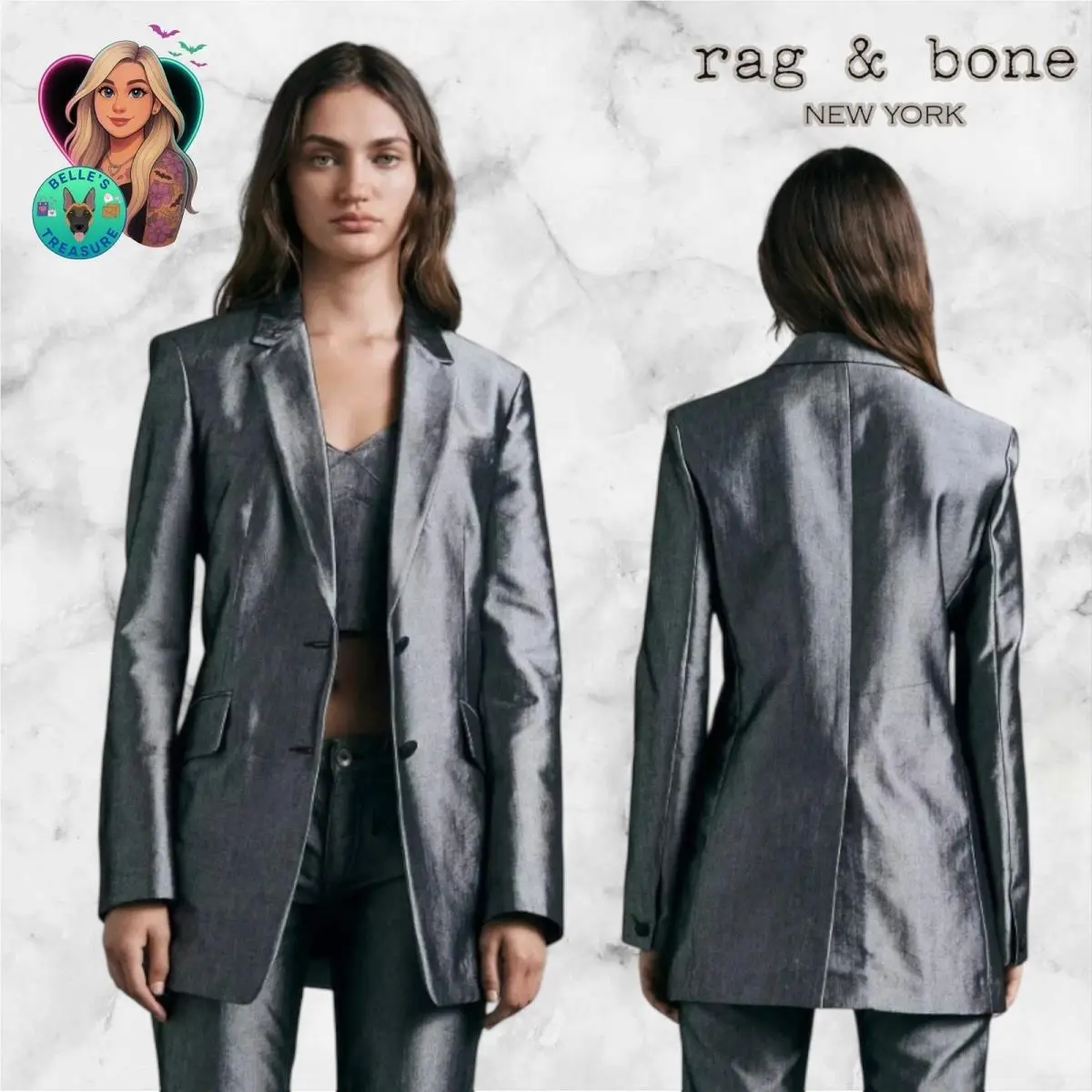 Rag Bone Women`s 2 Charles Shine Boyfriend Blazer Metallic Silver Jacket Coat