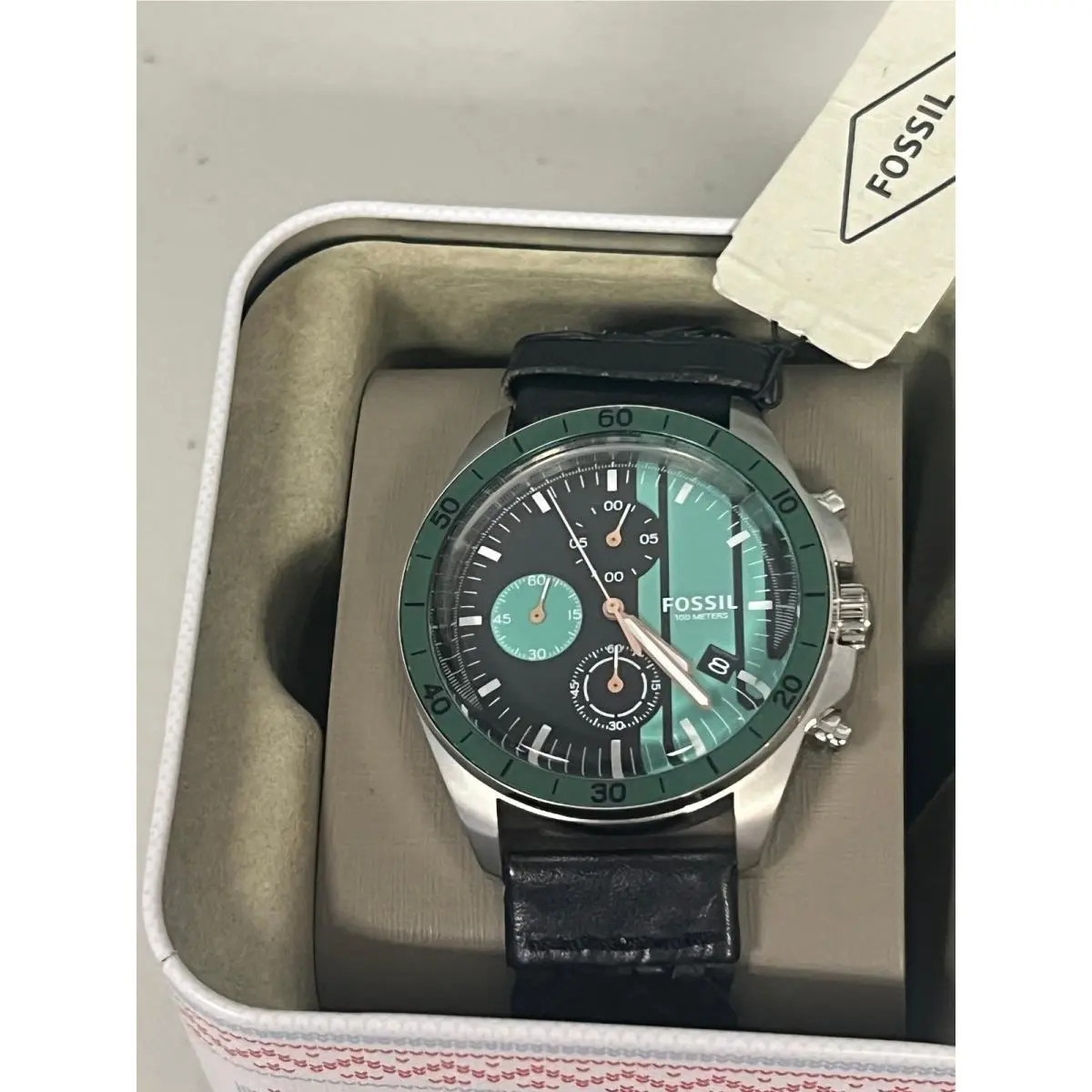 Fossil Men`s Chronograph Watch BQ1623 Mint Black Dial Braided Leather 100m