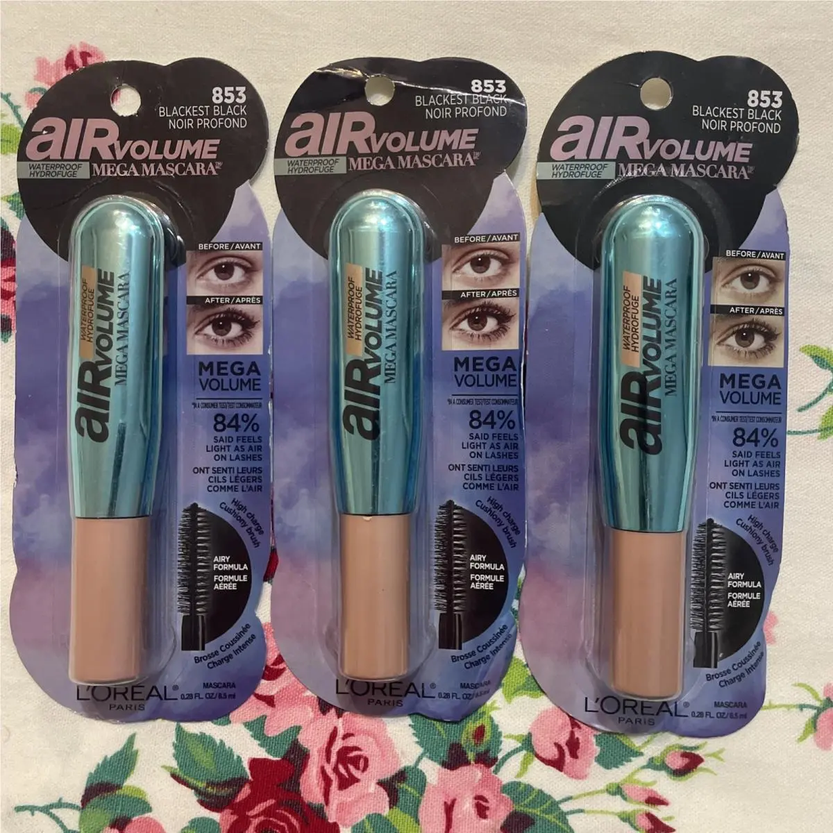 3 Loreal 853 Blackest Black Air Volume Mega Mascara Waterproof Nip Retired