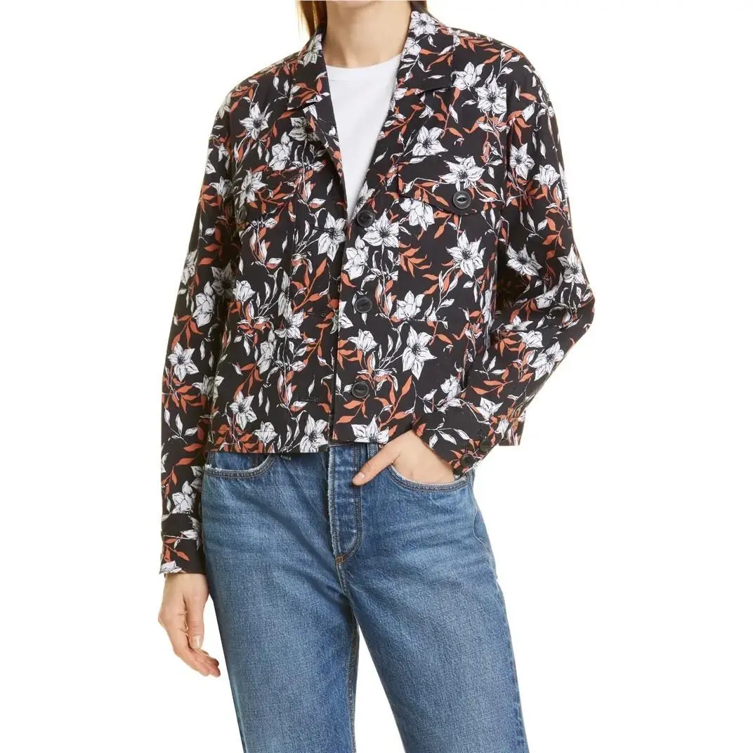 Rag Bone Jessie Black Floral Printed Linen Shirt Jacket Women’s Size S