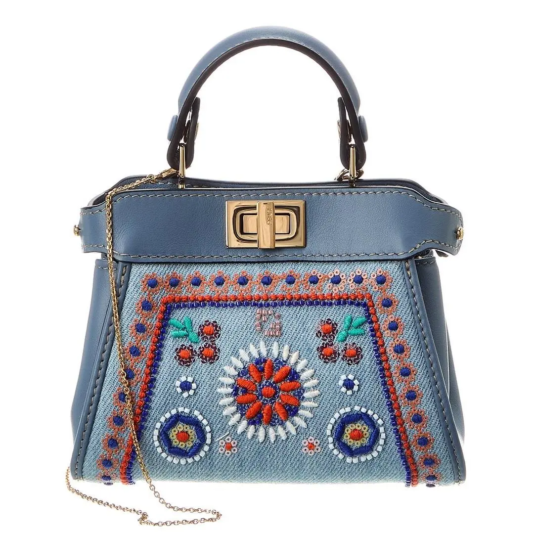 Fendi Nano Peekaboo Denim Leather Clutch Women`s Blue