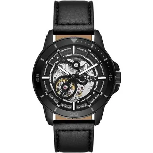 Relic By Fossil Men`s Automatic Black Leather Strap Watch ZR16034 Skeleton