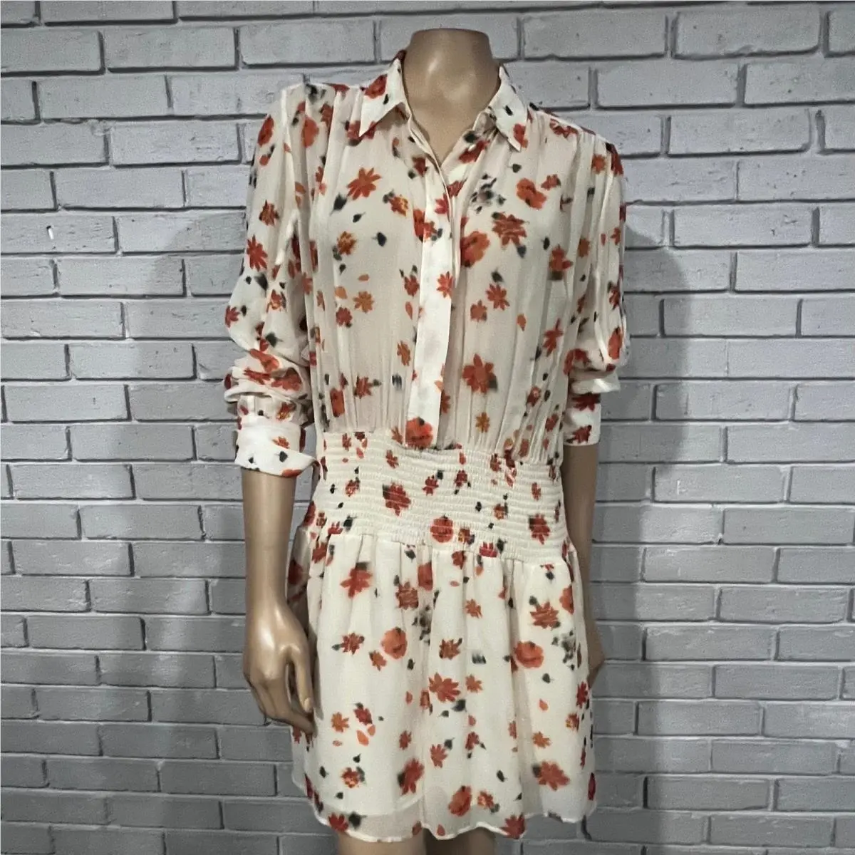 Rag Bone Floral Smocked Mini Dress White Orange Long Sleeve Boho Date Night M