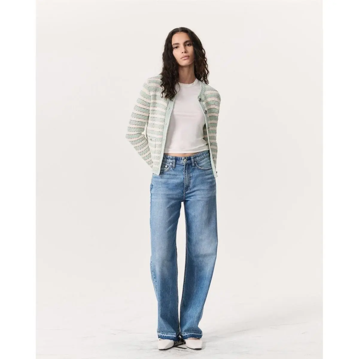Rag Bone Jace Striped Lady Cardigan Womens L Aqua Coastal Preppy Old Money