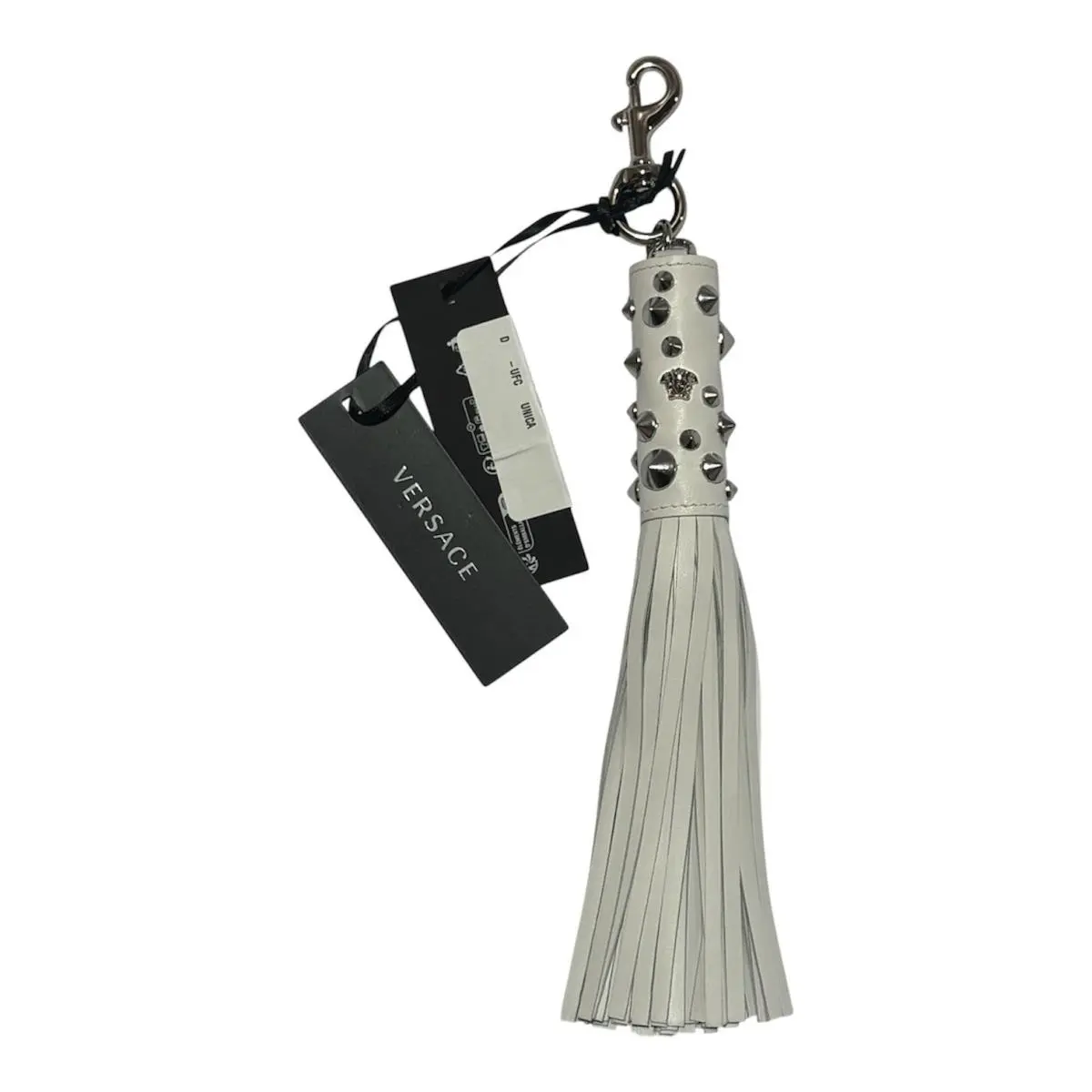Medusa Studded Calf Leather Tassel Bag Charm Key Chain White Italy by Versace