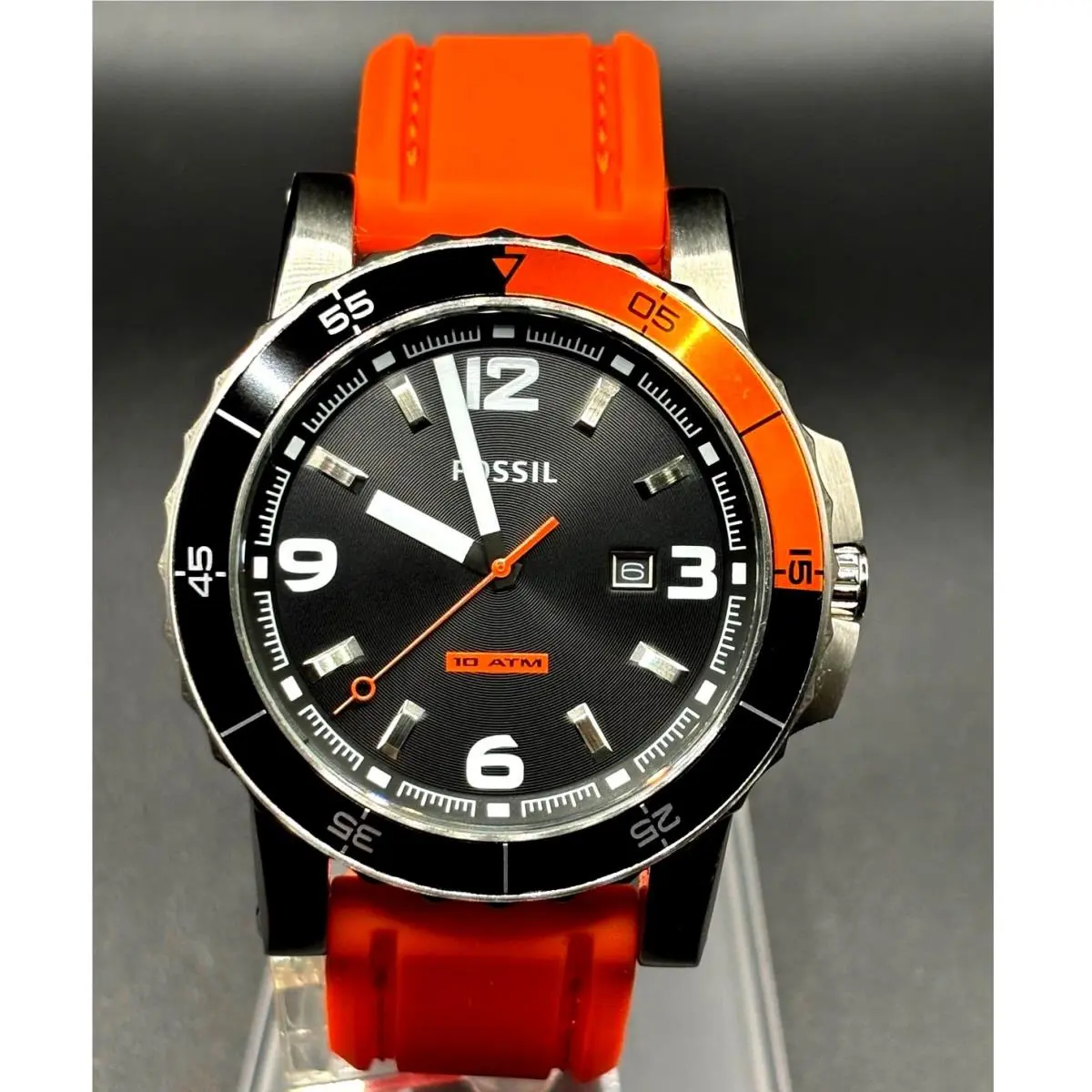 Fossil Sport AM4259 Dive Style Orange Silicone Strap Men’s Watch 46mm 10 Atm