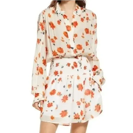 Rag Bone Floral Smocked Mini Dress White Orange Long Sleeve Boho Date Night M