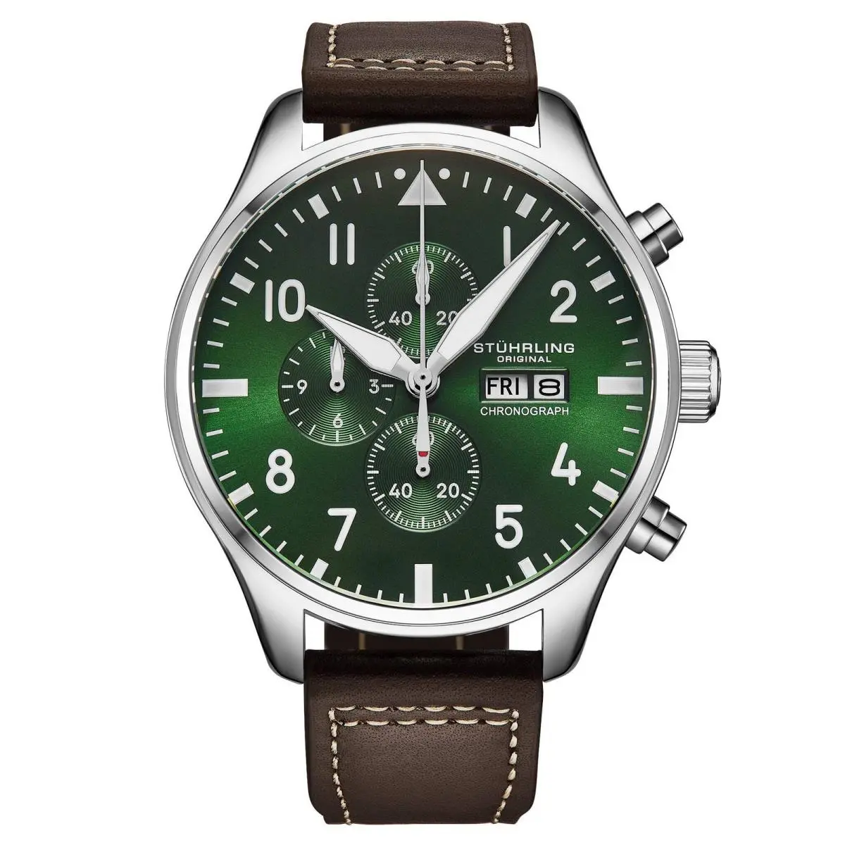 Stuhrling Navigator Chrono Forest Green Sunray Dial/brown Leather Strap | G Navigator Chrono Forest Green Sunray Dial/brown Leather Strap Green Dial Wrist