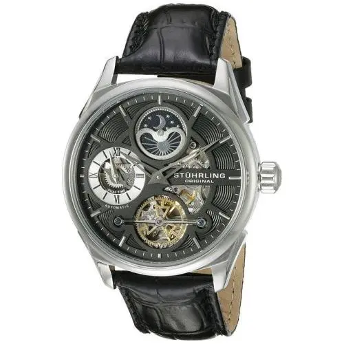 Stuhrling 657.02 Delphi Automatic Dual Time AM PM Indicator Black Mens Watch