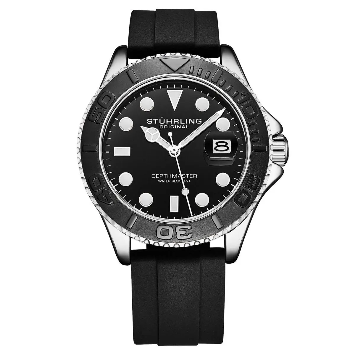 Stuhrling Depthmaster 4072 Black Brass Dial/ Black Silicone Strap | Black D Depthmaster 4072 Black Brass Dial/ Black Silicone Strap Black Dial Wristwatch