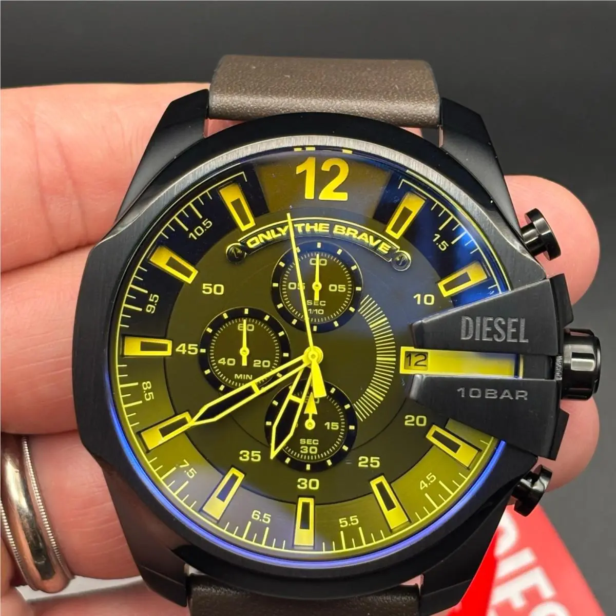 DZ4401 Mega Chief Men’s Chrono Blue Yellow Dial Brown Leather Watch Nibwt by Diesel